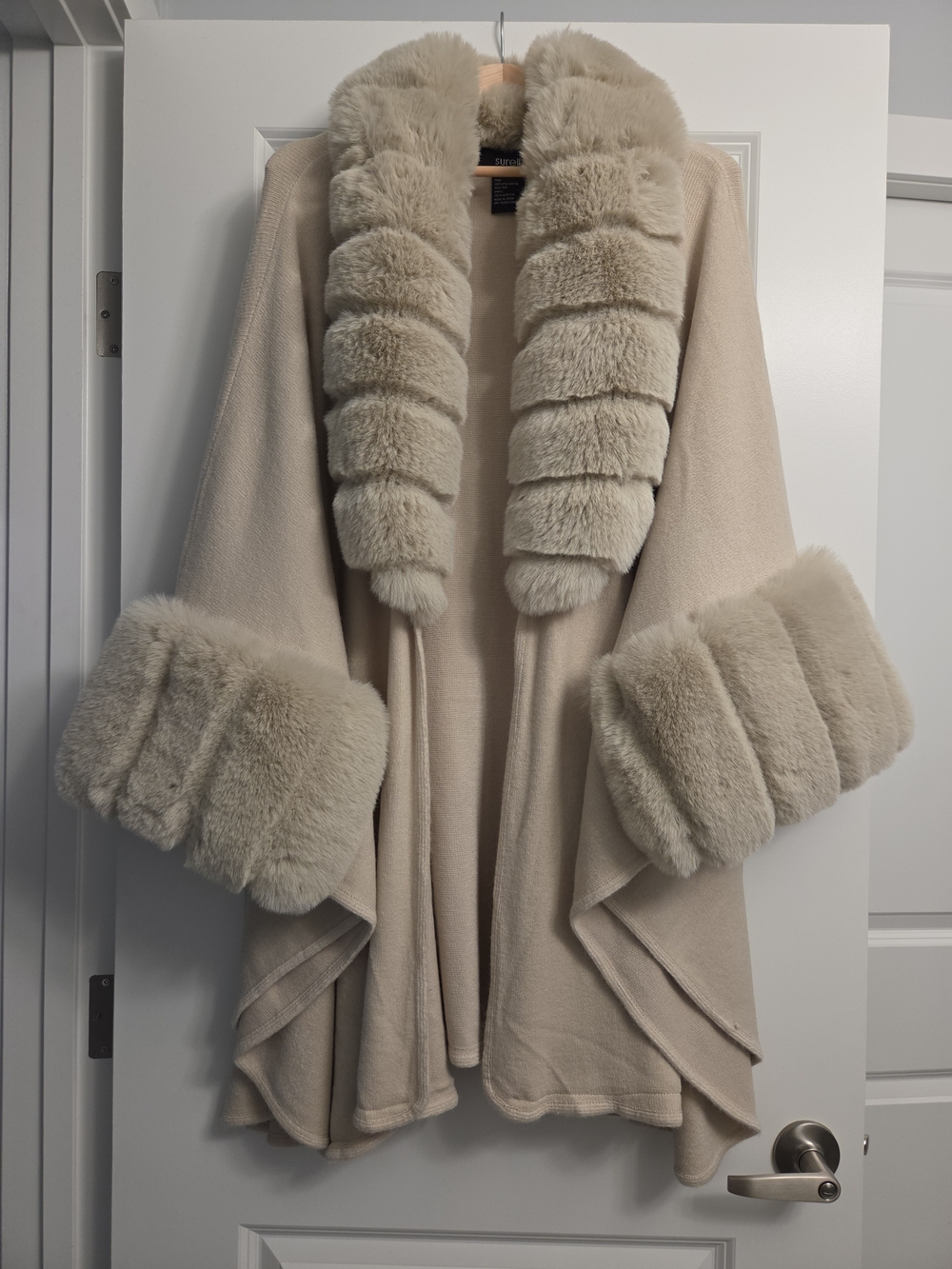 Surell Cream Faux-Fur Trim Open Front Poncho